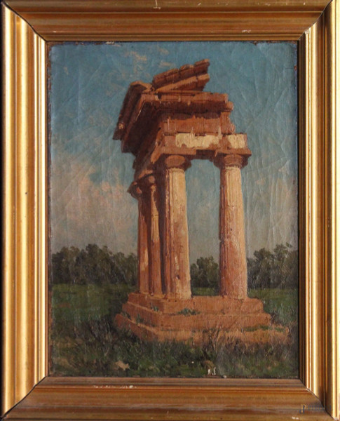 Paesaggio con tempio, olio su tela 26x20 cm, entro cornice firmato, XIX sec.
