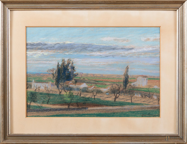 Paesaggio, XX secolo, pastello su cartone, cm 42x57 compreso passepartout, firmato in basso a destra, entro cornice, (supporto imbarcato)