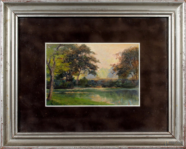 Paesaggio fluviale, olio su tavola, cm. 12x18, firmato E. Gignous, entro cornice.