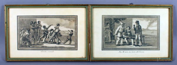 Coppia di antiche stampe raffiguranti scene di genere, cm. 16x25, entro cornici.