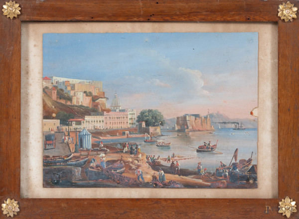 Coppia di vedute di Napoli, XIX secolo, tecnica mista su carta, cm 19,5x27, entro cornice, (lievi...