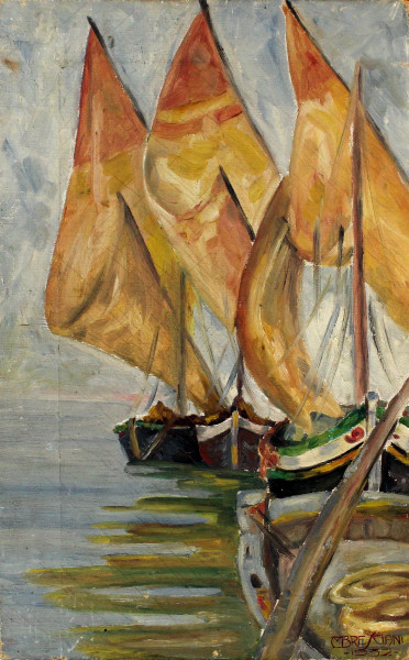 Barche, olio su tela, cm 45,5x28,5, firmato e datato in basso a destra