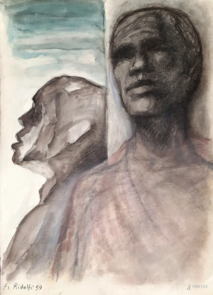 Francesco Ridolfi - Composizione espressionista con figure, 1959, tecnica mista su carta, cm 50x36, firmato e datato