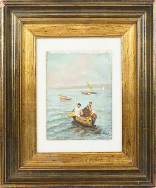 Marina con imbarcazioni e pescatori, olio su cartone telato, cm 18x13, firmato, entro cornice