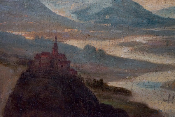 Pittore del XVII secolo, Caccia al cinghiale, olio su tela, cm 89x118