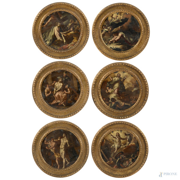 Lotto composto da sei olii su tela a serto circolare raffiguranti scene della vita di Cristo, XVIII secolo, diametro cm 20,5, (segni di usura, cadute di colore, lacerazioni, lacune, difetti)