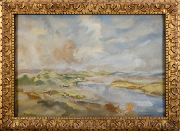 Vernon Wethered, Sea and Sand Ireland  olio su tela, cm 56x81 entro cornice, firmato titolato e datato al retro 1934, (difetti))