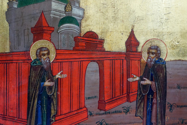 Icona raffigurante Santi Zosima e Savvatij, tempera su tavola, cm 31x26, Russia, XIX sescolo