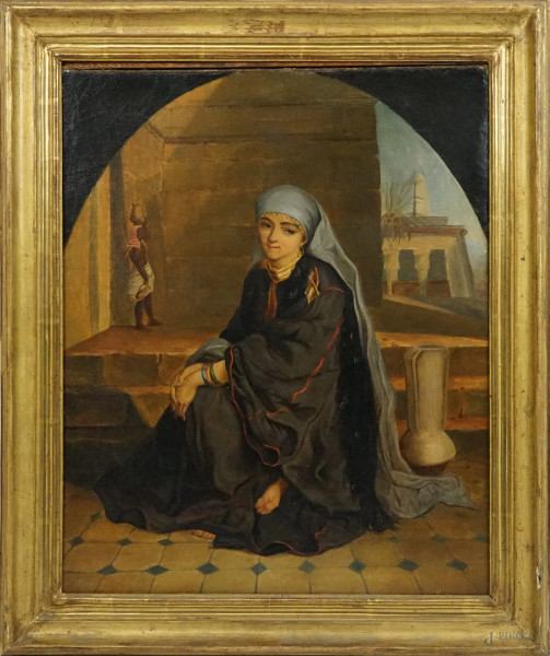 Pittore orientalista, fine XIX-inizi XX secolo, Ragazza araba seduta, olio su tela, cm 48x38,  entro cornice.