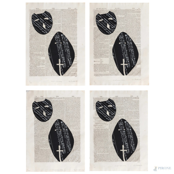 Lotto di quattro stampe litografiche su pagine di dizionario, cm 41x29,5, firmate, (segni di usura, bruniture, tracce di umidità, ondulazioni, strappi)
