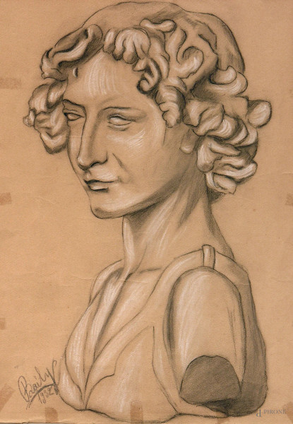 Artista del Novecento, ritratto femminile, grafite e biacca su carta, cm 30x41, firmato e datato 1932