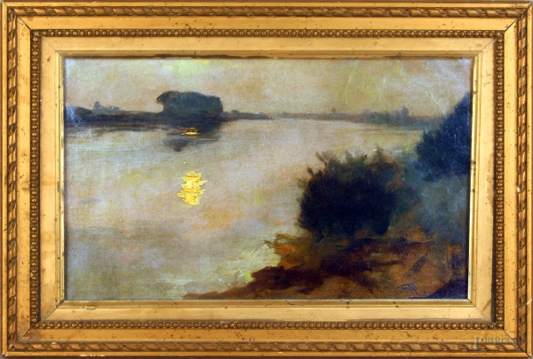 Paesaggio fluviale,olio su tela 24,5x39,5 firmato entro cornice.