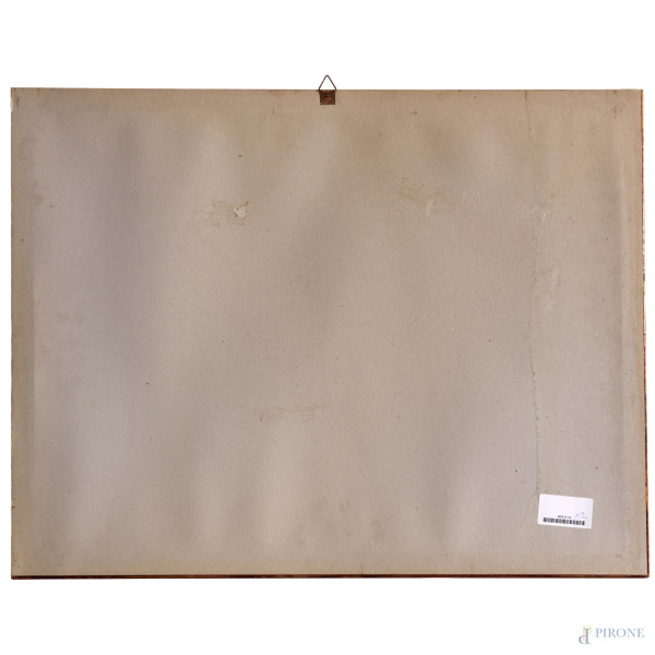 Coppia di dipinti raffiguranti porti, XX secolo, olio su cartone, cm 44,5x60,5, firmati e datati ...