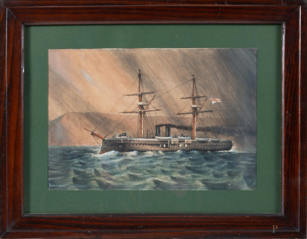 Temeraire nei Dardanelli, XX secolo, tecnica mista su carta, cm 32x46, titolato in basso a sinistra e firmato in basso a destra, entro cornice, (foxing e ondulazioni della carta)