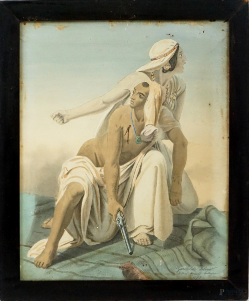 Figure orientali, pastello su carta, cm 62x50, firmato Silvio Gariboldi e datato 1873, entro cornice.