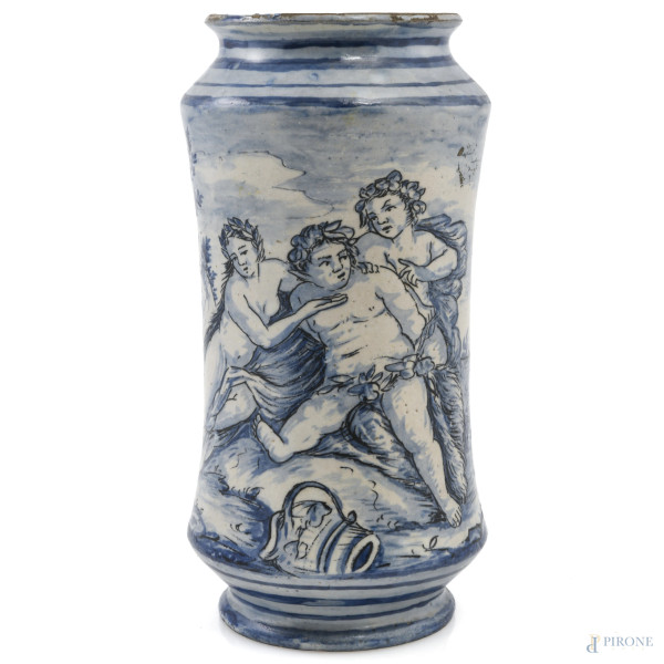 Albarello in maiolica Savona dipinta con scene mitologiche nei toni del blu, XIX-XX secolo, cm 23, (Segni di usura, sbeccature, difetti)