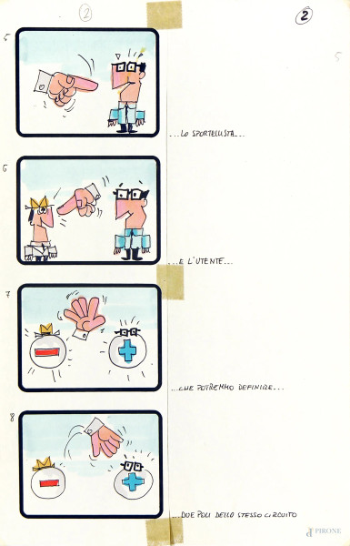 Bruno Bozzetto (1938), Bozzetto originale per Story board, pennarello su carta, cm 20x30. 
L’opera fa parte di una serie realizzata nel 1988 per una campagna pubblicitaria dell’Enel, da tali story board sono stati realizzati tre cortometraggi animati. L’opera è pubblicata sulla brochure pubblicitaria “Il ruolo dello sportellista dell’Enel”