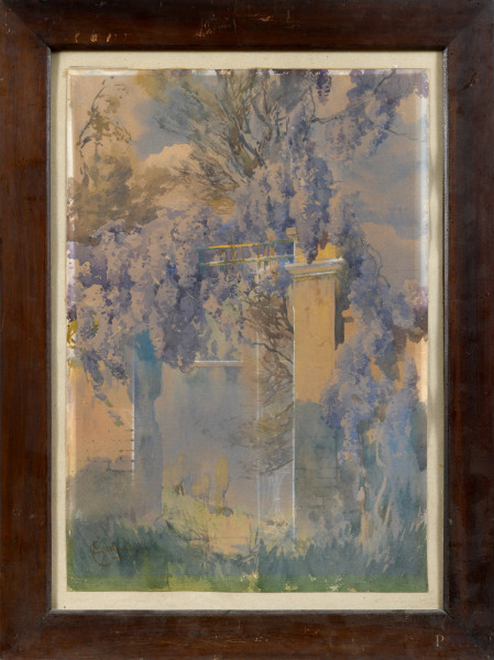 Onorato Carlandi (1848-1939), Scorcio di villa con glicine, tecnica mista su cartoncino, cm 56x39, firmato in basso a sinistra, entro cornice, (tracce di umidità, segni di usura, abrasioni, ondulazioni della carta, difetti)
