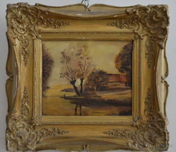 Paesaggio fluviale con casa, olio tela 28x24 cm, entro cornice, (difetti alla cornice).