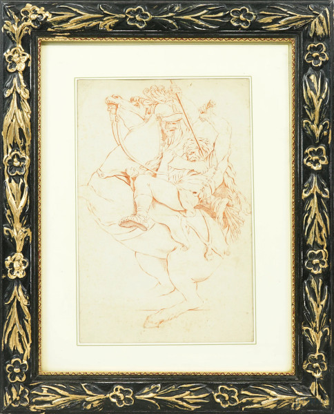 Scena di battaglia, sanguigna su carta, XIX-XX secolo, cm 40x30 compreso passepartout, entro cornice, (difetti)