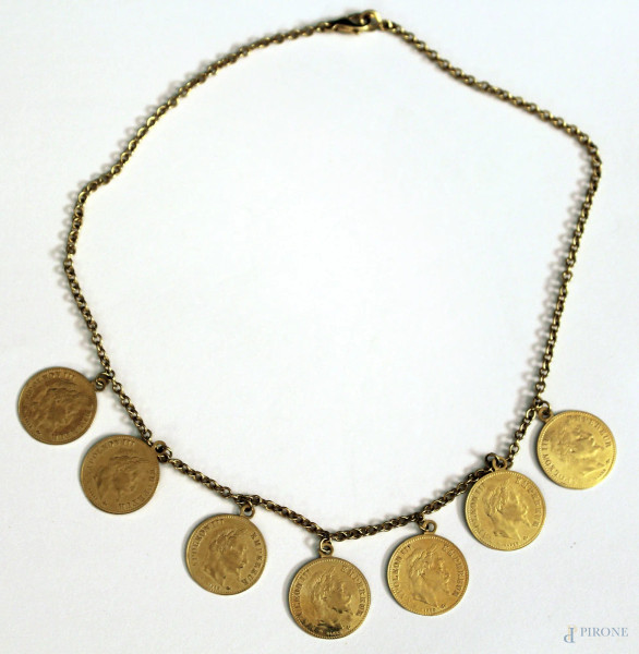 Collana in oro 18 kt con sette monete da dieci franchi, Napoleone III, 1864, gr. 19,7.