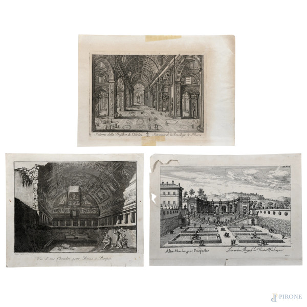 Lotto di tre incisioni raffiguranti interno della Basilica di San Pietro, Prospetto del Teatro di Mondragone e di una Camera dei Bagni di Pompei, XVIII secolo, misure massime cm 26,5x36,  (segni di usura, tracce di umidità, gore, foxing, lacerazioni della