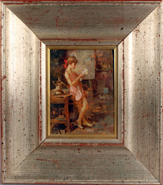 Interno con fanciulla, olio su tavola, cm. 20x15, firmato Irolli, entro cornice.