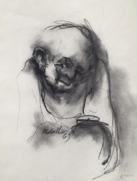 Artista espressionista del Novecento, Figura maschile, 1969, carboncino su carta, cm 63x50, firmato e datato