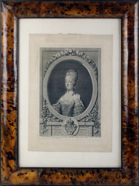 Louis Jacques Cathelin - Marie-Antoinette archiduchesse d&#39;Autriche, reine de France, d&#39;apr&#232;s le tableau peint par Fran&#231;ois-Hubert Drouais, incisione, cm. 34,5x24, entro cornice.