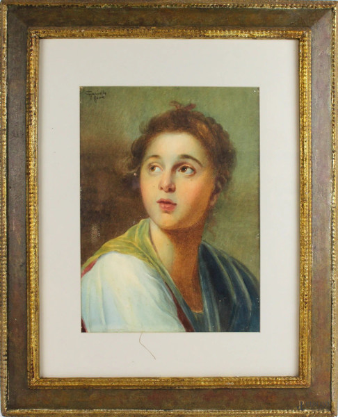 Antonio Gargiullo - Ritratto di fanciulla, acquarello su carta, cm. 37,5x27,5, entro cornice.