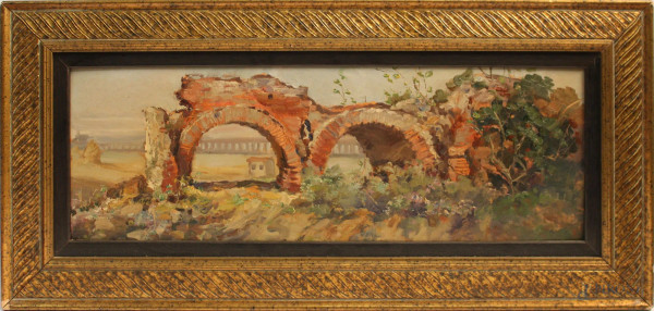 Paesaggio con acquedotto, dipinto ad olio su cartone, cm 51,5 x 18, entro cornice.