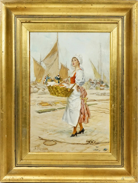 Donna con cesta, olio su tela riportata su cartone, cm 33x22, firmato, entro cornice.