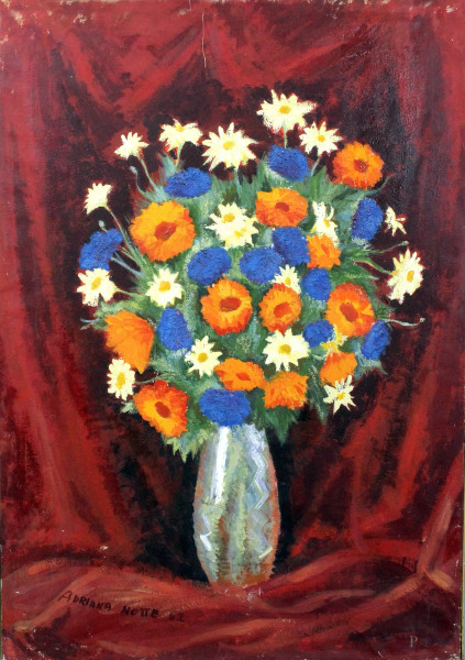 Vaso con fiori, olio su tela, cm. 100x70, firmato.