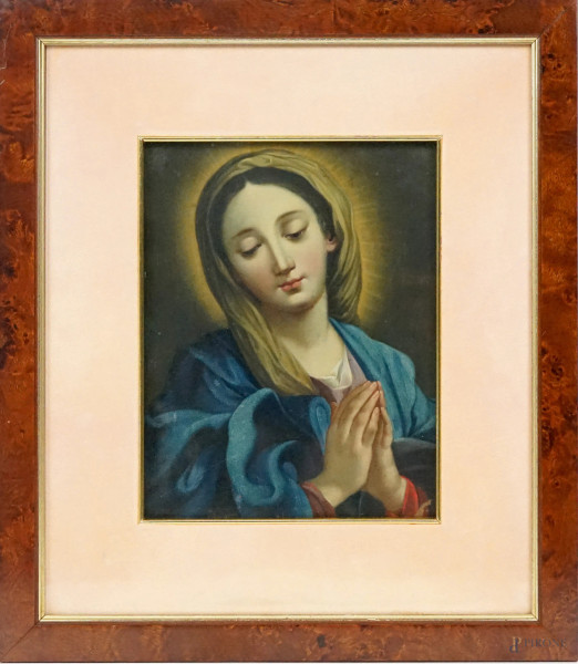 Vergine in preghiera, olio su rame, cm 24x18,5, XIX secolo, entro cornice, (cadute di colore).