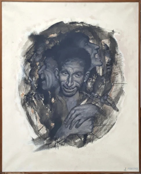 Mario Russo (1925-2000), Uomini che ridono, 1967, olio su tela, cm 100x80, firma anno e titolo al retro