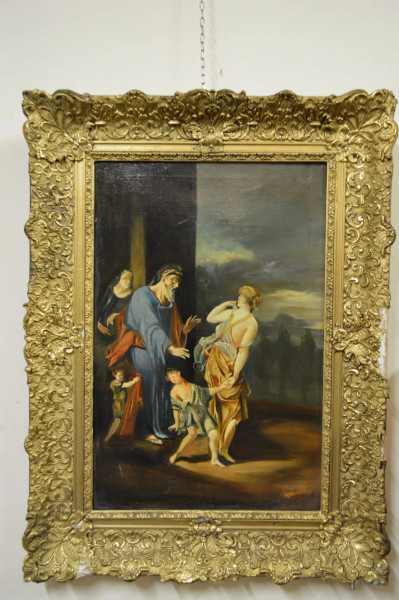 Scena neoclassica con figure, olio su tela 40x60 cm, XIX sec°, entro cornice.