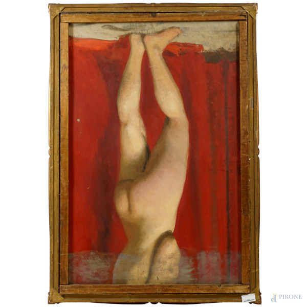 Parco con figure, olio su compensato, firmato, cm 120x80, entro cornice