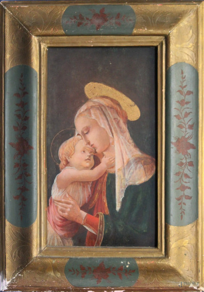 Madonna con Bambinello, olio su tavola, 44x24 cm, entro cornice XX sec.