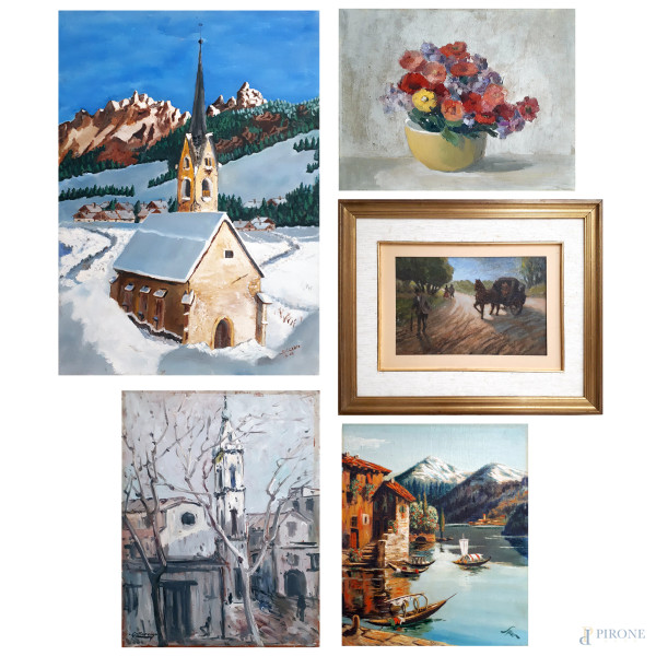 Lotto composto da 5 dipinti di varie epoche e dimensioni