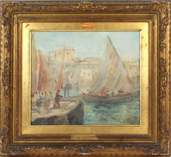 Marina con imbarcazioni, olio su cartone telato, cm. 26x30, firmato, entro cornice