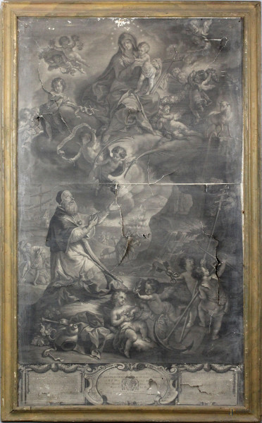 S.Clemente ha la visione della Vergine, stampa, cm 165x95, fine XVIII secolo, entro cornice, (difetti).