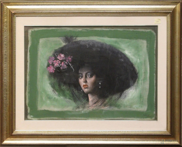 Mario Russo - Attrice allo specchio, olio su tela, cm. 50x70,entro cornice.