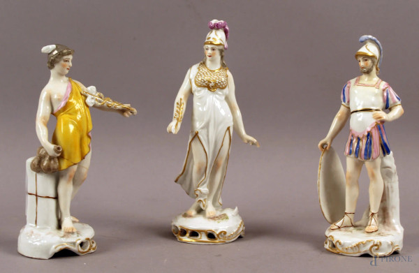 Lotto composto da tre porcellane raffiguranti divinit&#224; mitologiche, marcate, XIX secolo, altezza 15,5 cm, (restauri e lievi difetti).