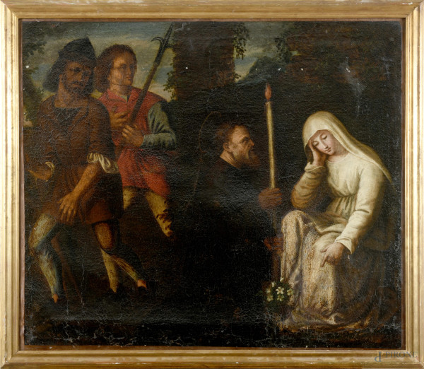 Santa Chiara, XVII-XVIII secolo, olio su tela, cm 87x100, (segni di usura, sollevamenti e cadute di colore, craquelure, abrasioni, piccole lacerazioni, difetti)