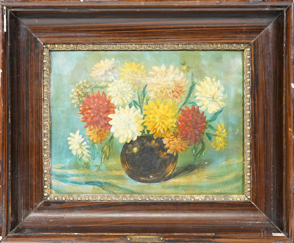 Vaso di fiori, olio su metallo, XX secolo, firmato in basso a destra, cm 18x24 circa, entro cornice