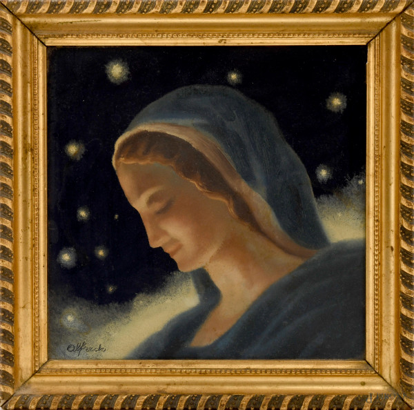 Mattonella dipinta raffigurante profilo della Vergine, cm 19x19, entro cornice, (difetti)
