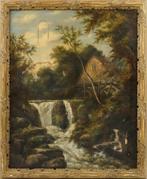 Mulino, olio su tela, cm 77,5x4,5, inizi XX secolo, entro cornice, (difetti)