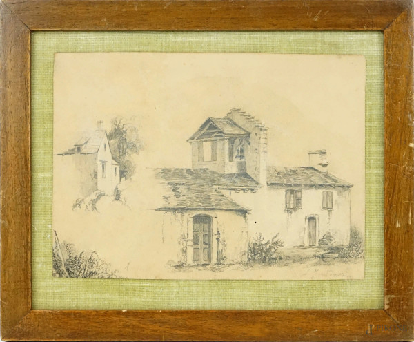 Casale con chiesa, disegno a matita su carta, cm 15X20, firmato A.Fontanesi, entro cornice.