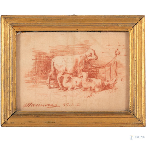 Lotto composto da tre disegni a sanguigna raffiguranti animali, XX secolo, misure massime cm 18x1...