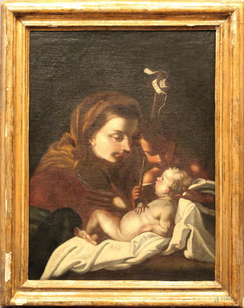 Madonna con bambino e San Giovannino, olio su tela applicata su tavola 60x45 cm, XVII sec, entro cornice.